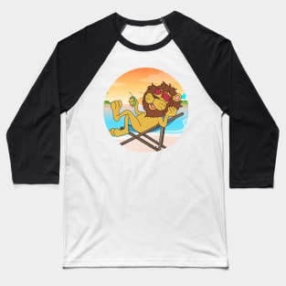 Lion Chilling At Beach With Sunset Comic Style Baseball T-Shirt